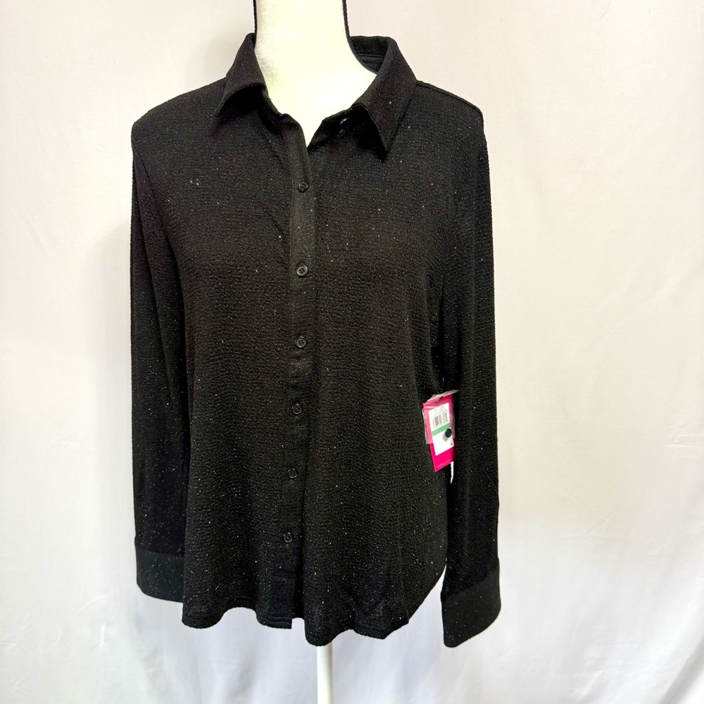 NWT Vince Camuto Black Button Down Collared Cuff Sparkly Top Size L #1693